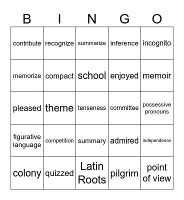 6th Grade Bingo Card