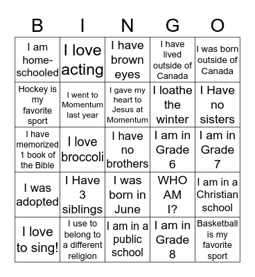 Who Am I  Bingo Card