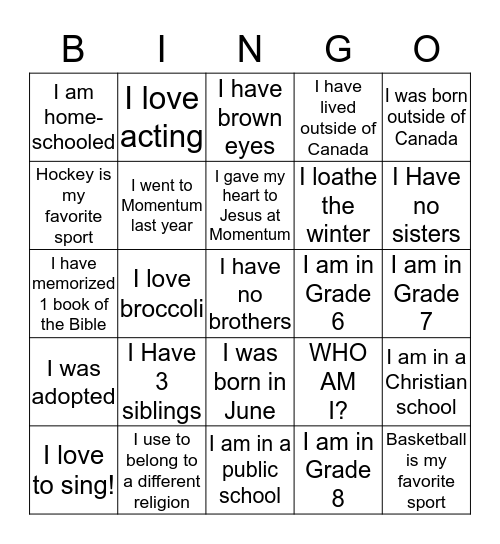 Who Am I  Bingo Card