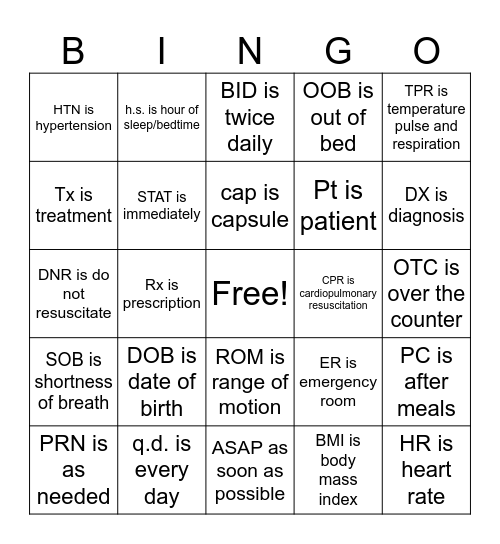 Med Abrv  Bingo Card