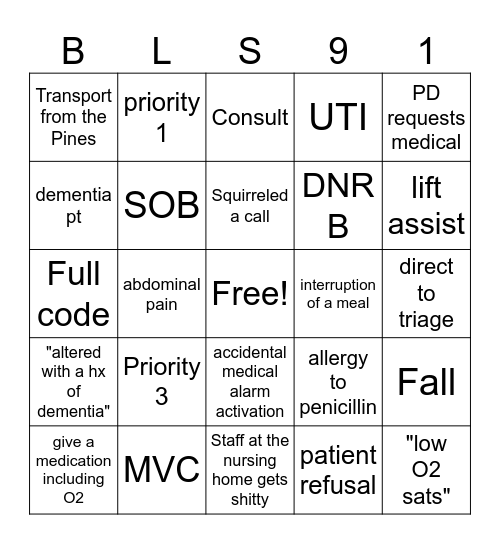 BLS 91 Bingo Card