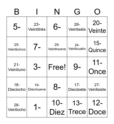 BINGO - NÚMEROS Bingo Card