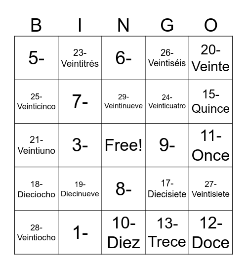 BINGO - NÚMEROS Bingo Card