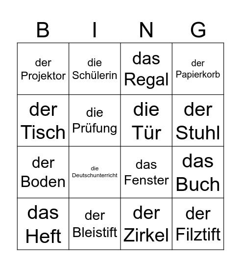 die Schule Wortschatz Bingo Card