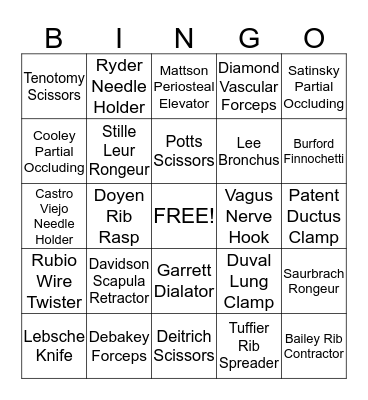 Thoracic/Vascular Instruments Bingo Card