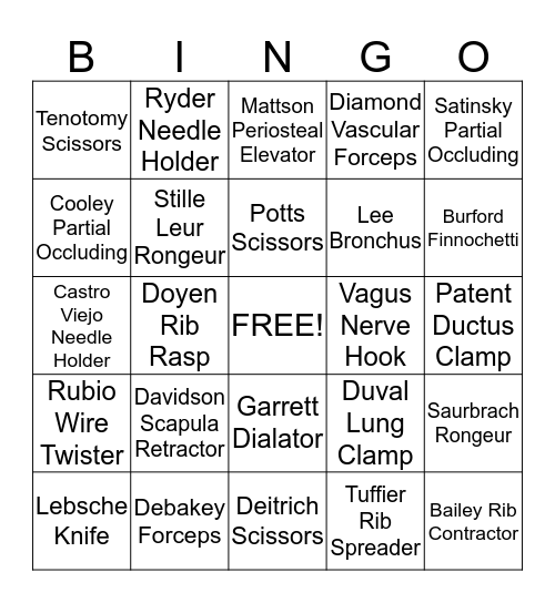 Thoracic/Vascular Instruments Bingo Card