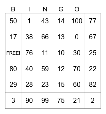 Numeros 0-100 Bingo Card