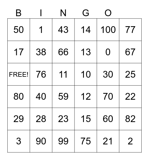 Numeros 0-100 Bingo Card