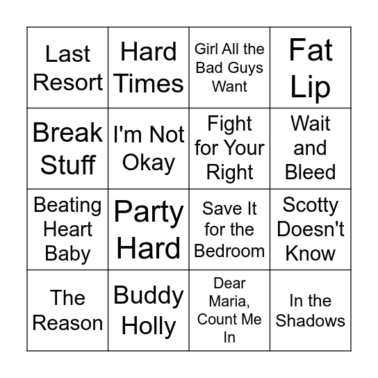 Alt Rock Bingo 1 Bingo Card