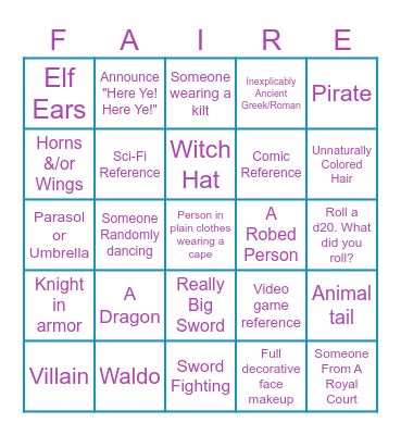 Ren Faire Celebration September 19, 2025 Bingo Card