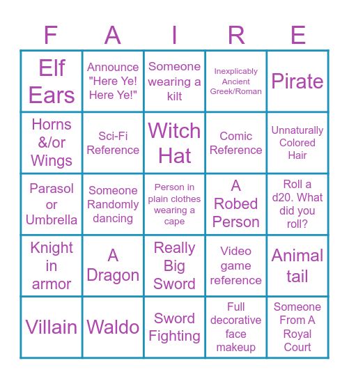Ren Faire Celebration September 19, 2025 Bingo Card