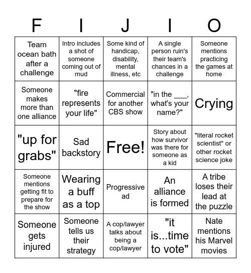 Survivor Bingo Card