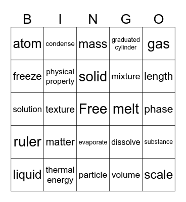 Matter Vocabulary Bingo Card