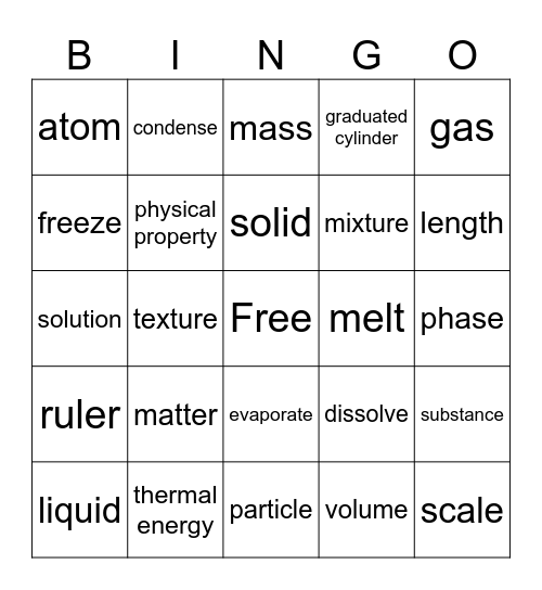 Matter Vocabulary Bingo Card
