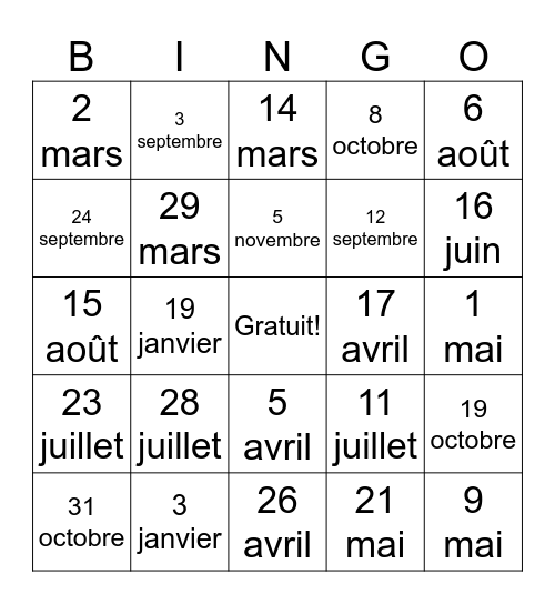 Les dates Bingo Card