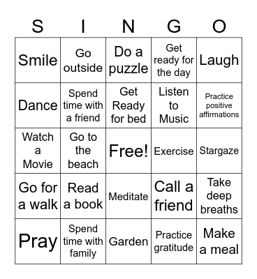 SINGO! Self-Care Edition Bingo Card