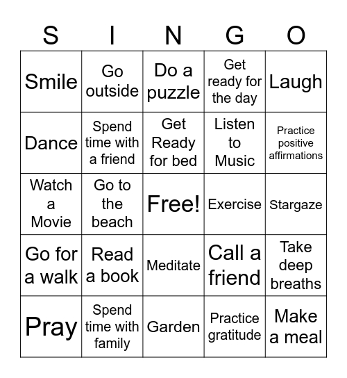 SINGO! Self-Care Edition Bingo Card