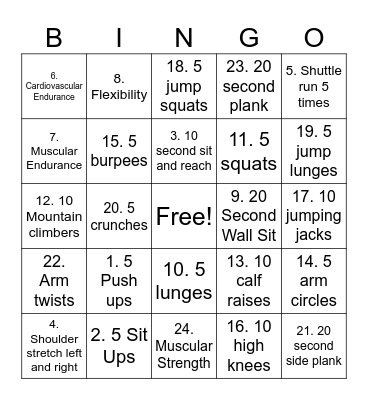 Fitness Bingo Card