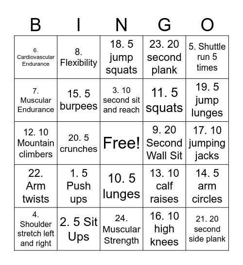 Fitness Bingo Card