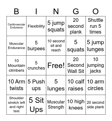 Fitness Bingo Card