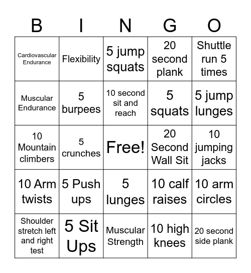 Fitness Bingo Card