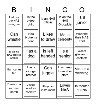 NAS Ice Breaker Bingo Card