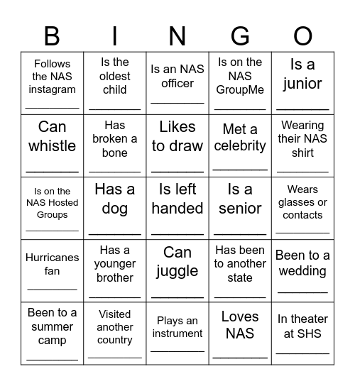 NAS Ice Breaker Bingo Card