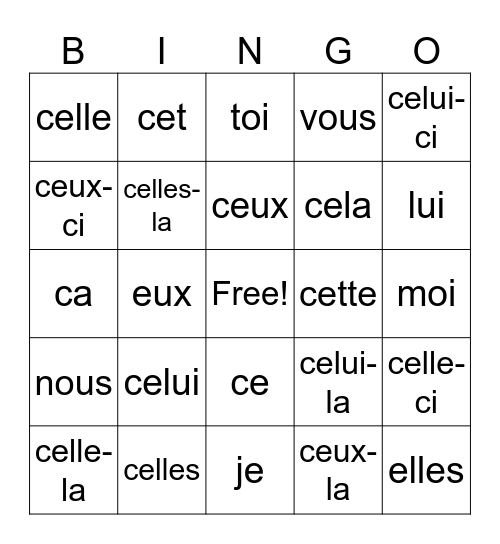 Demonstrative and Emphatic pronouns Bingo Card