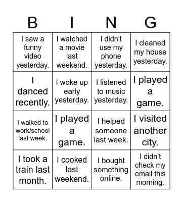 Past Action Bingo Card