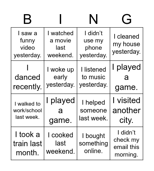 Past Action Bingo Card