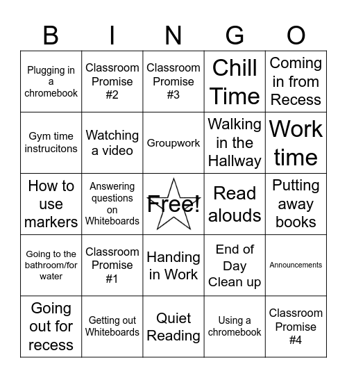 Classroom Procedures and Rules Bingo Card