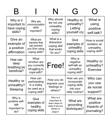 Coping Skills Bingo Card