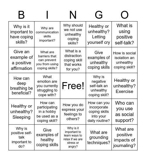 Coping Skills Bingo Card