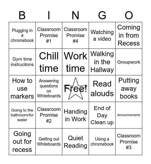Classroom Procedures and Rules Bingo Card