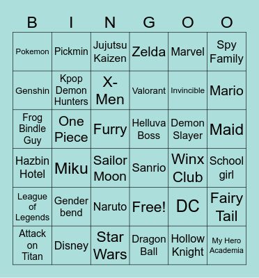 Cosplay Bingo Card