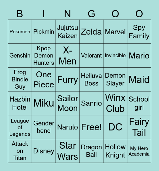 Cosplay Bingo Card