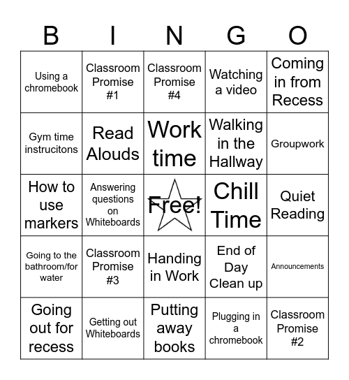 Classroom Procedures and Rules Bingo Card