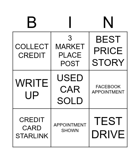 SUBARU Bingo Card