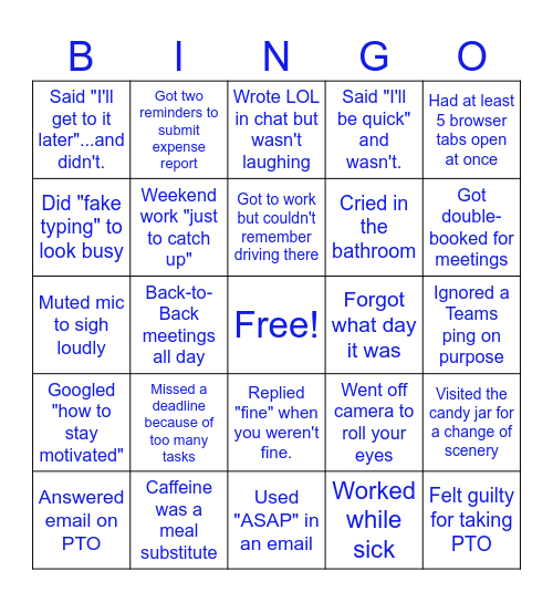 Burnout Bingo Card