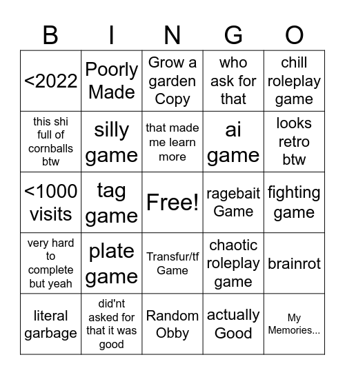 Roblox Games Bingo Card