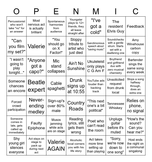 Open Mic Bingo Card