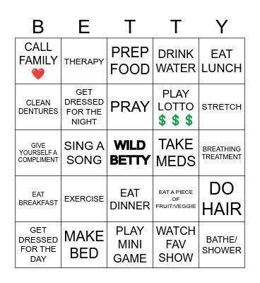 Bettys' Daily Tasks Bingo Card
