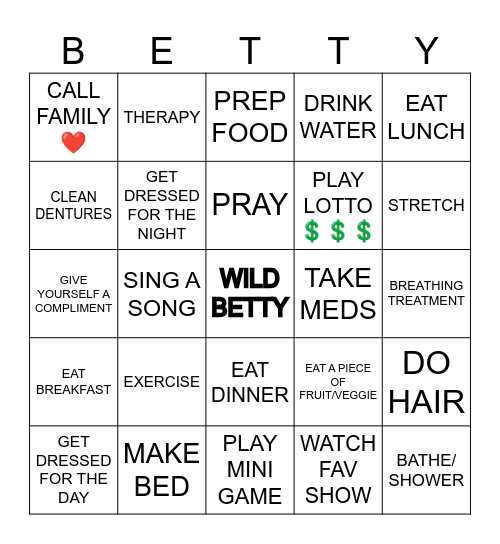Bettys' Daily Tasks Bingo Card