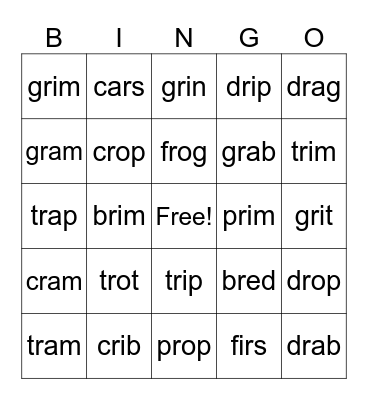 r blends and 'rs' words Bingo Card