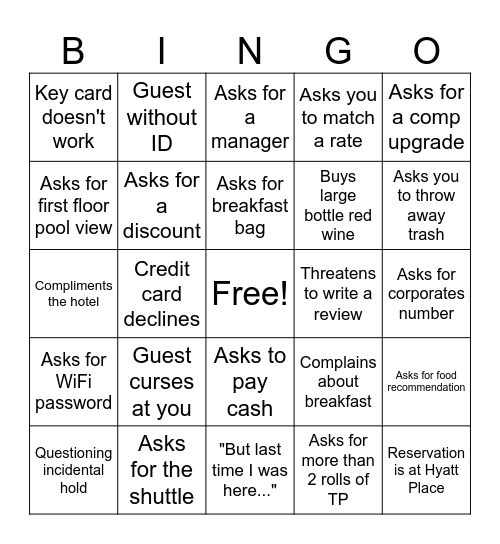 Hotel Bingo Card