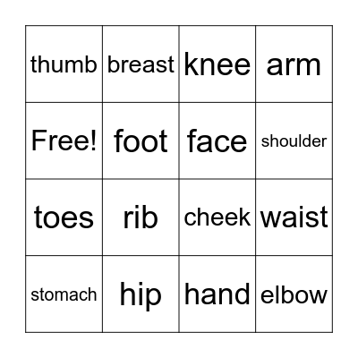 body parts Bingo Card
