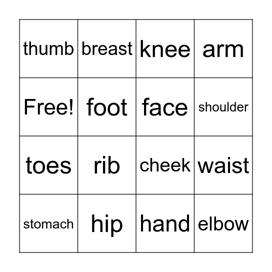 body parts Bingo Card