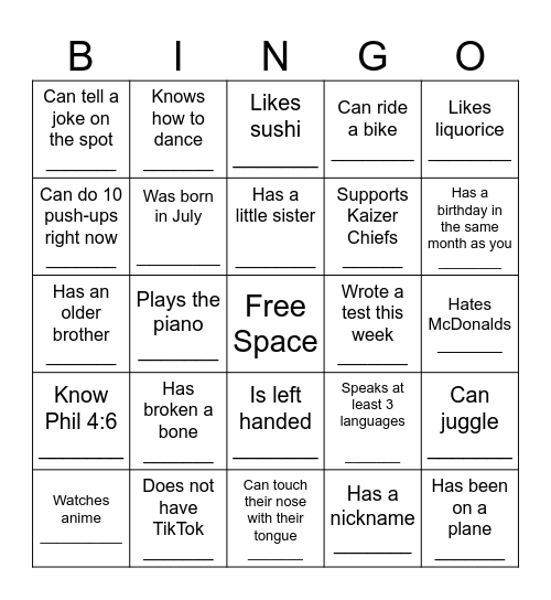 YOUTH HUMAN BINGO Card