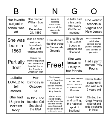 Juliette Gordon Low Bingo Card