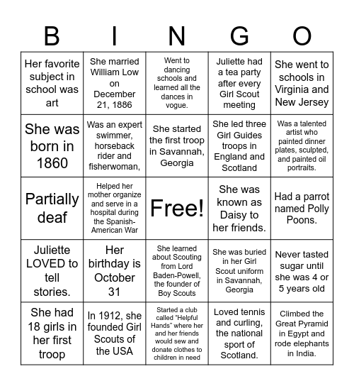 Juliette Gordon Low Bingo Card